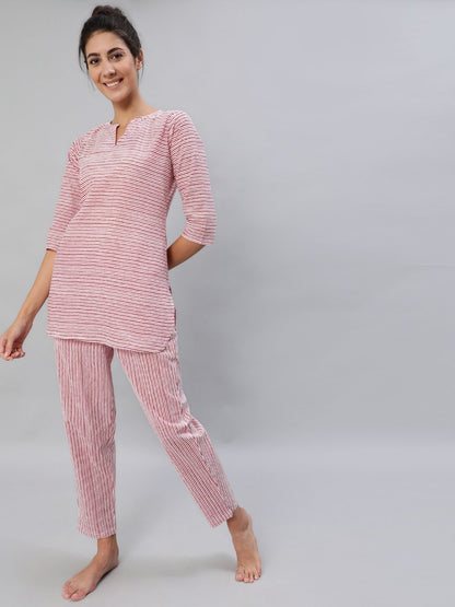 Women Pink & Off-White Striped Night Suit Set | LASVINI - Redefining Indian Fashion with Elegance