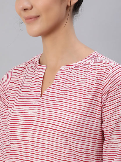 Women Pink & Off-White Striped Night Suit Set | LASVINI - Redefining Indian Fashion with Elegance