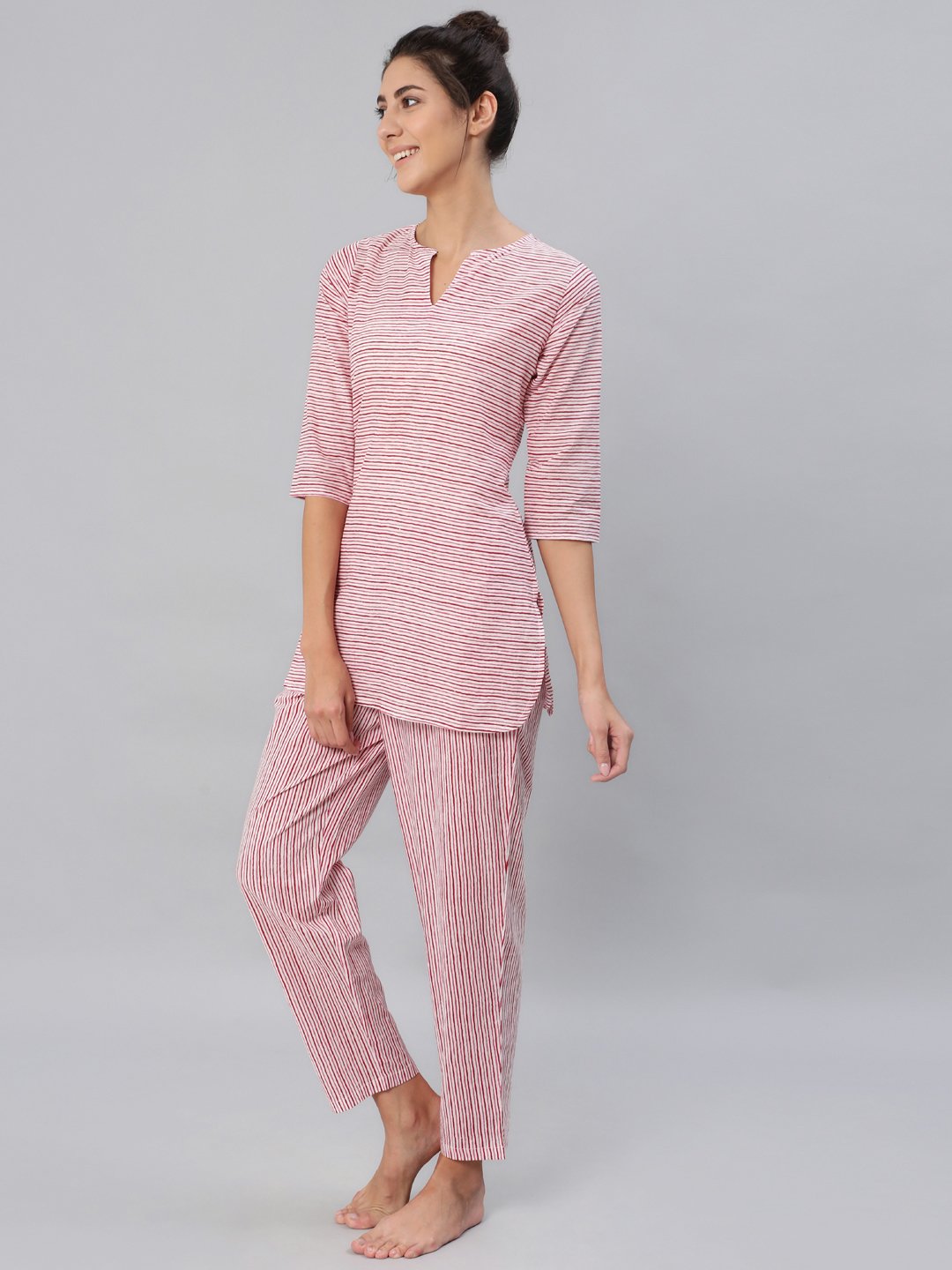 Women Pink & Off-White Striped Night Suit Set | LASVINI - Redefining Indian Fashion with Elegance