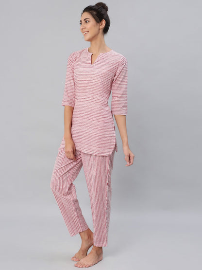 Women Pink & Off-White Striped Night Suit Set | LASVINI - Redefining Indian Fashion with Elegance