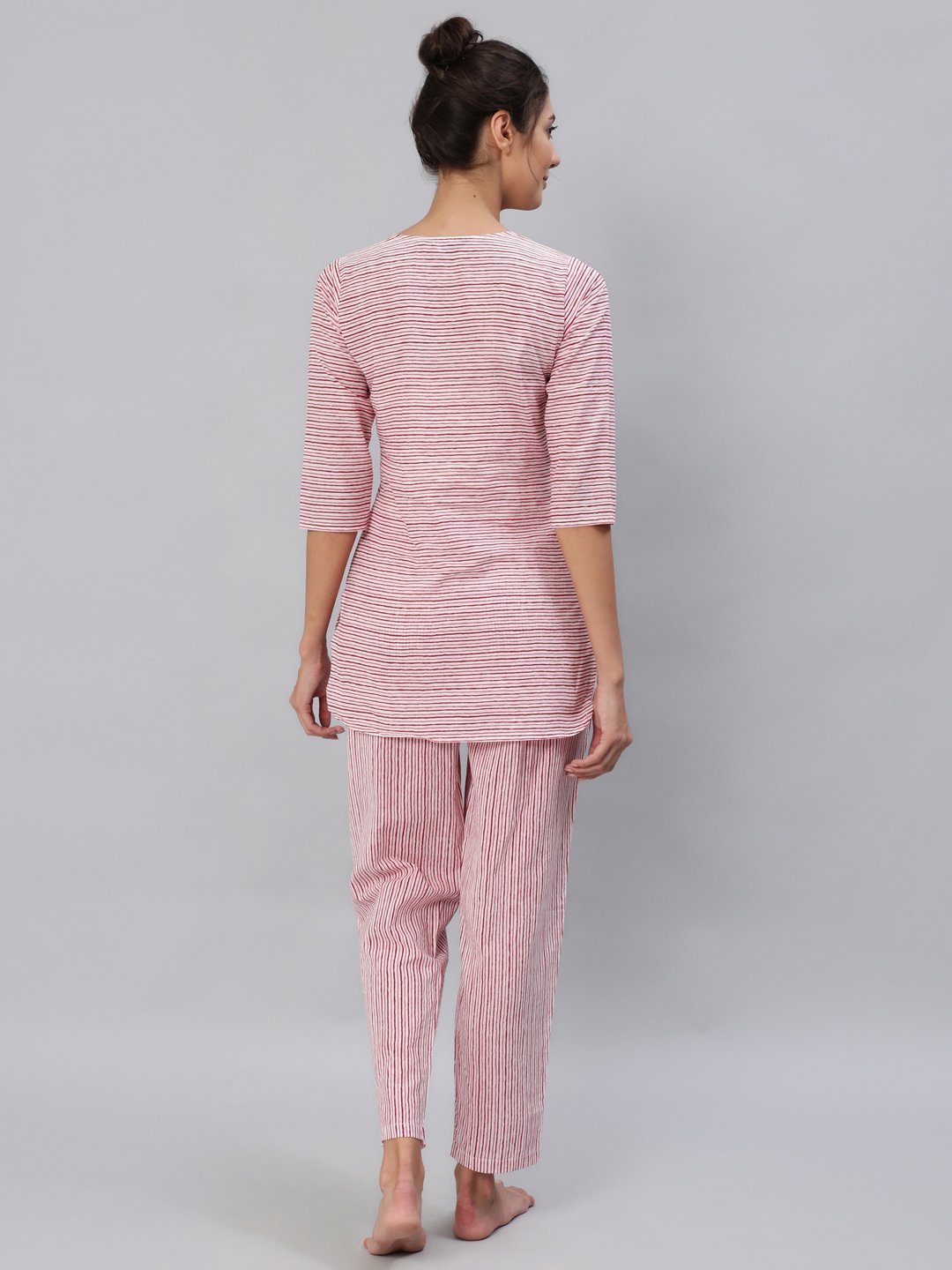 Women Pink & Off-White Striped Night Suit Set | LASVINI - Redefining Indian Fashion with Elegance