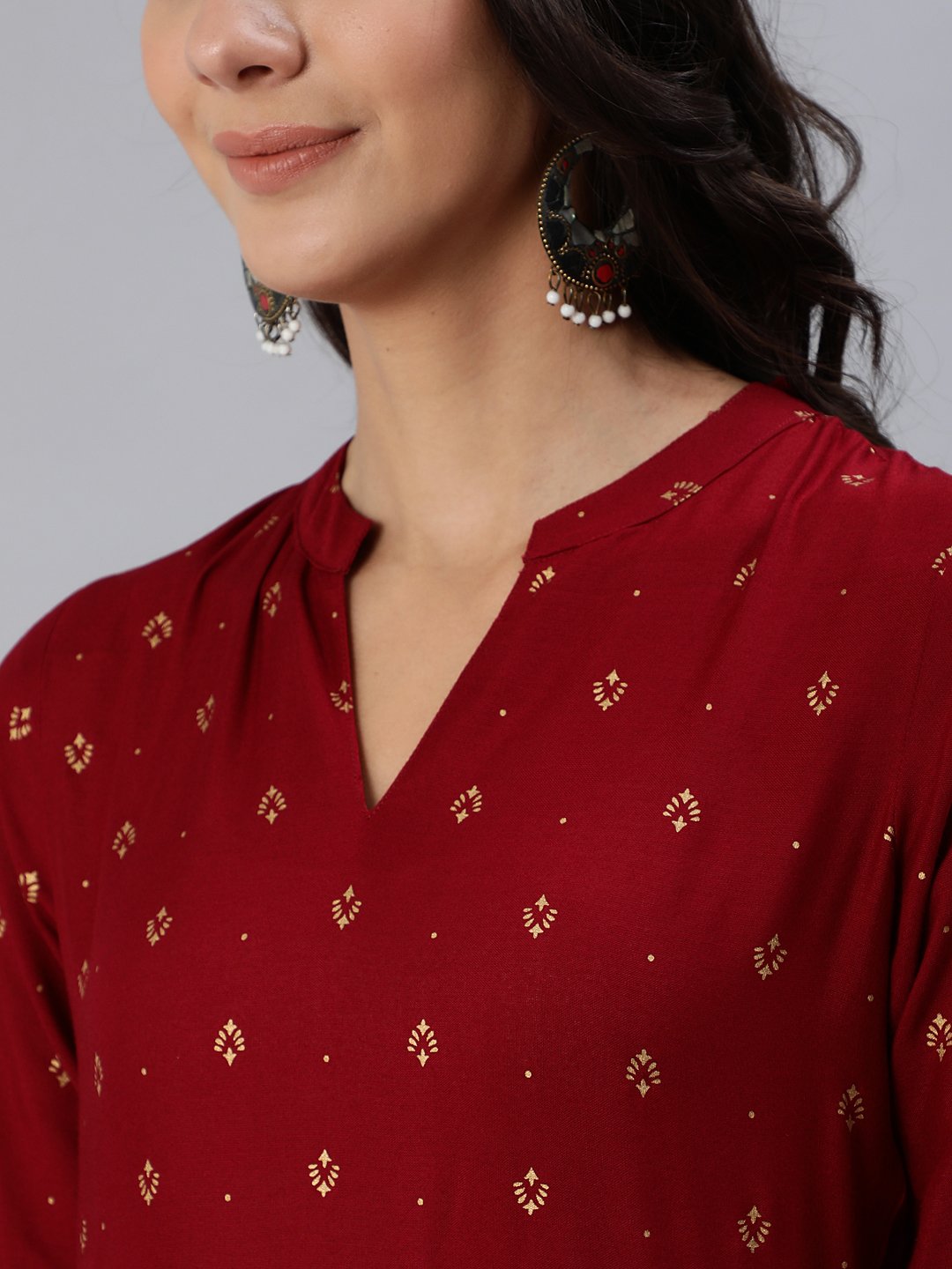 Women Maroon & Gold Printed Maxi Dress With Three Quarter Sleeves | LASVINI - Redefining Indian Fashion with Elegance