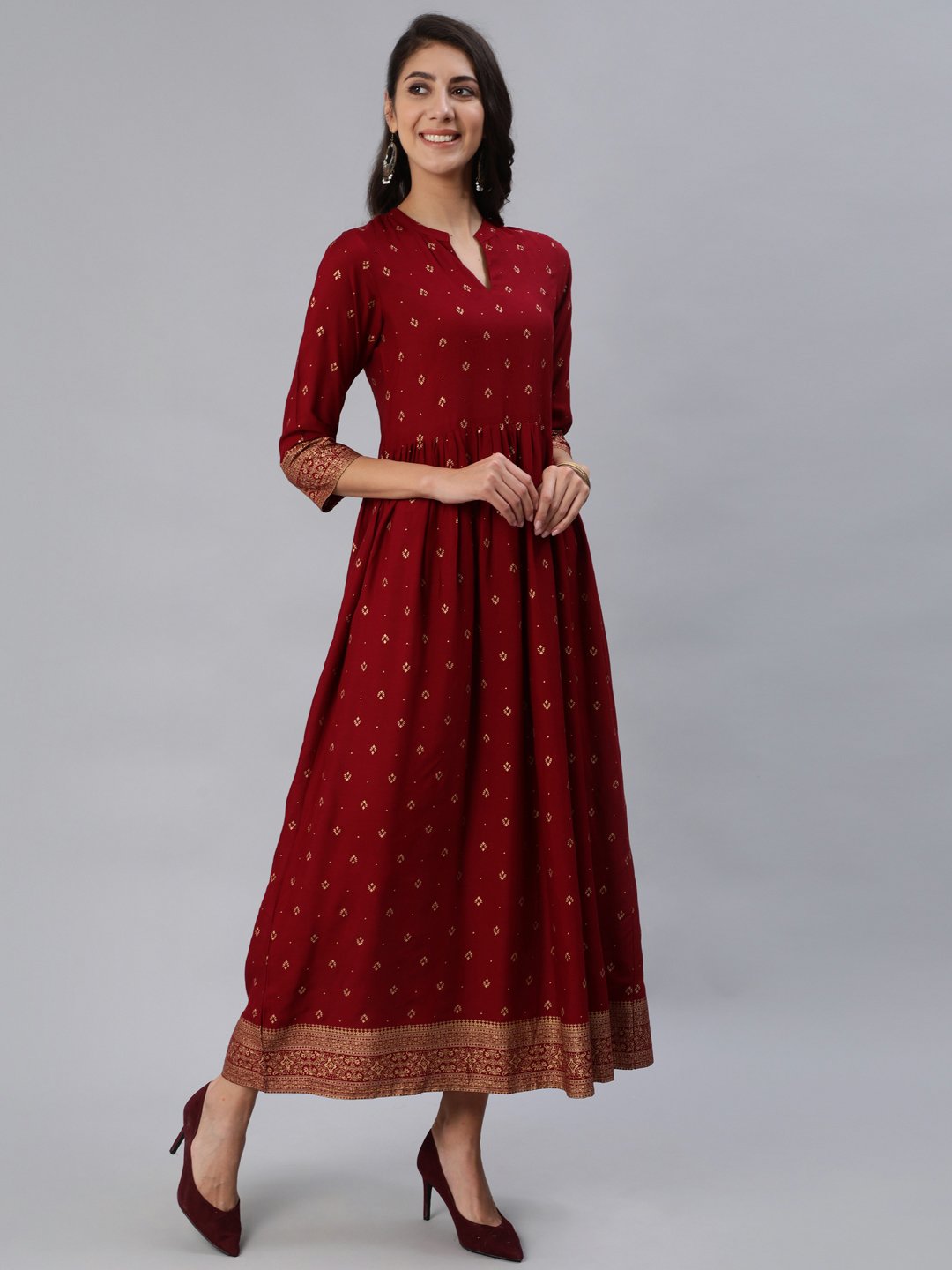 Women Maroon & Gold Printed Maxi Dress With Three Quarter Sleeves | LASVINI - Redefining Indian Fashion with Elegance