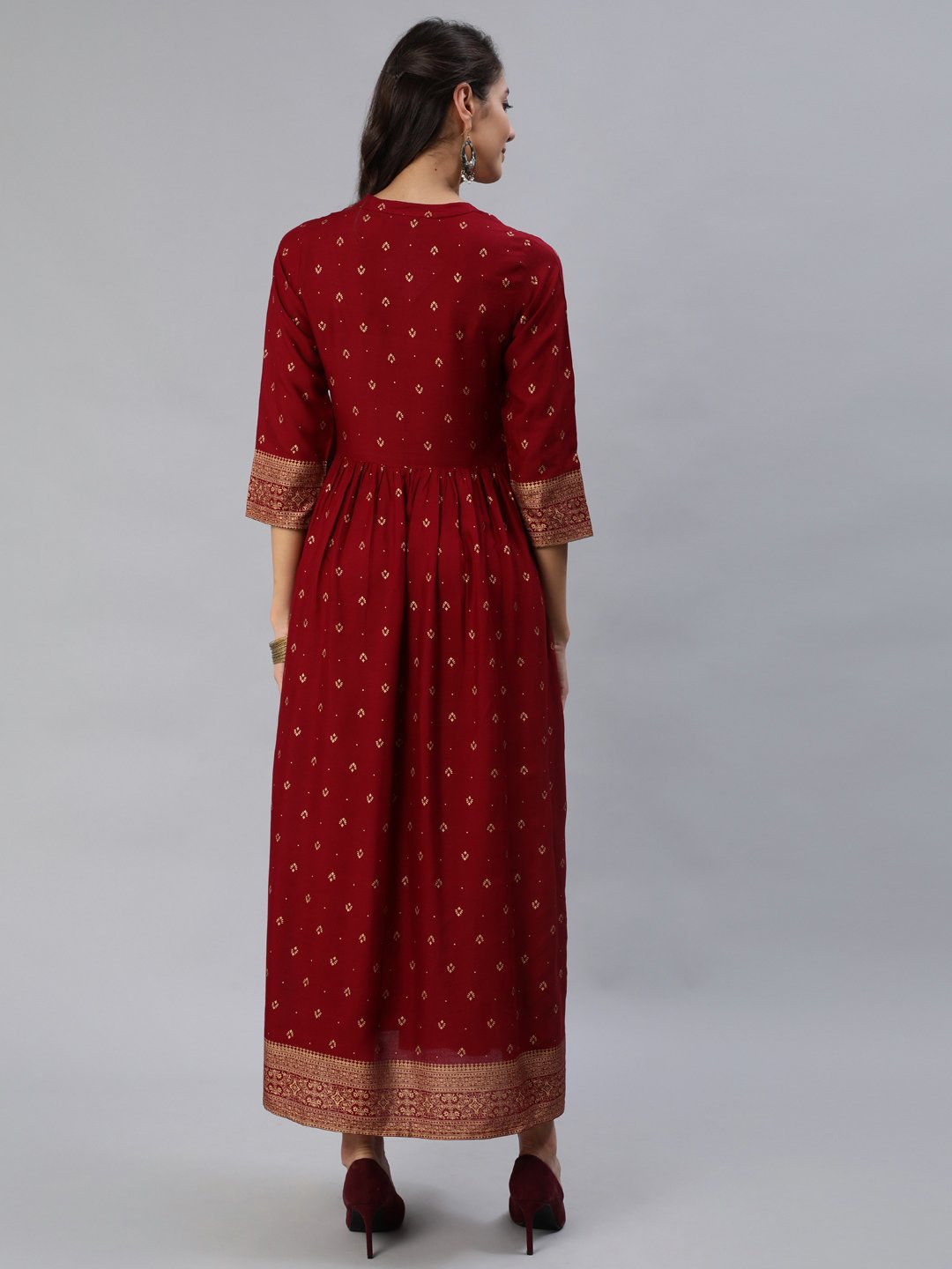 Women Maroon & Gold Printed Maxi Dress With Three Quarter Sleeves | LASVINI - Redefining Indian Fashion with Elegance