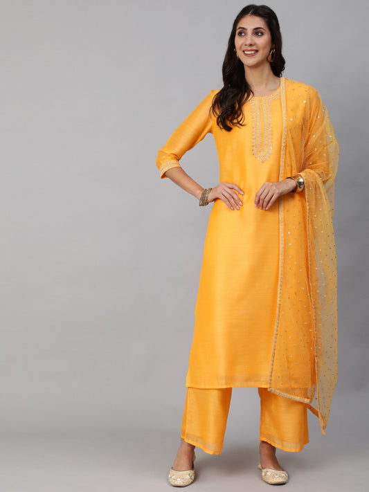 Women Yellow Chanderi Embroidered Straight Kurta Set With Palazo & Sequence Dupatta | LASVINI - Redefining Indian Fashion with Elegance