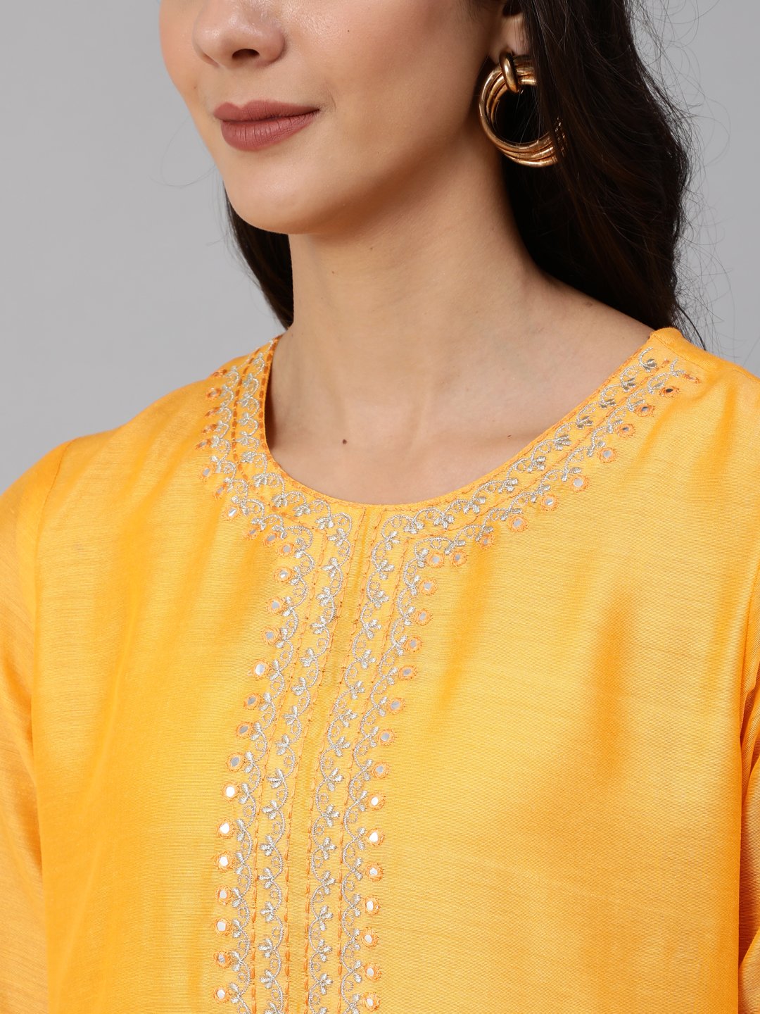 Women Yellow Chanderi Embroidered Straight Kurta Set With Palazo & Sequence Dupatta | LASVINI - Redefining Indian Fashion with Elegance