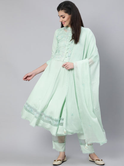 Women Pastel Green  Embroidered Flared Kurta With Jacket,Plazo & Dupatta | LASVINI - Redefining Indian Fashion with Elegance