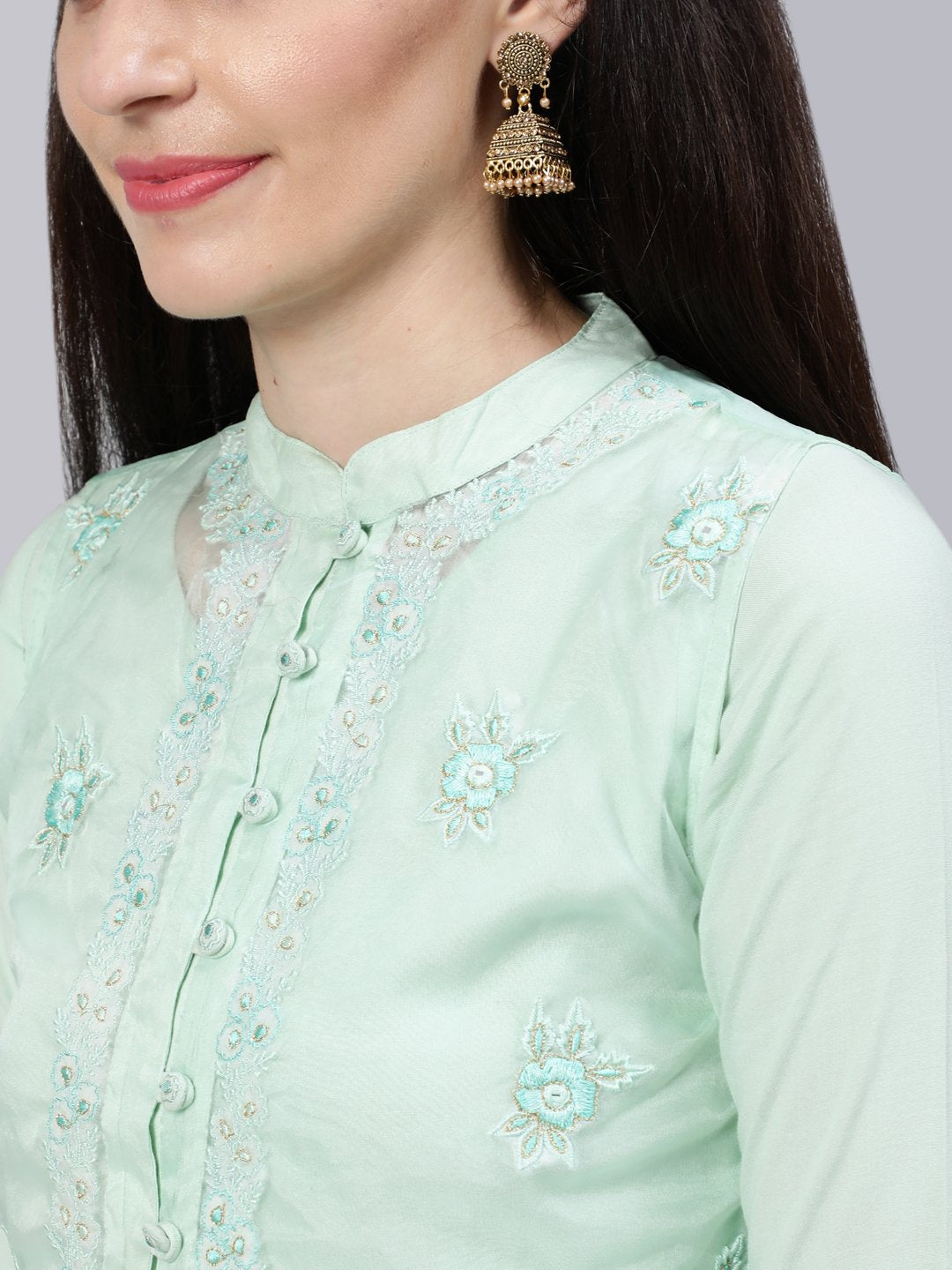 Women Pastel Green  Embroidered Flared Kurta With Jacket,Plazo & Dupatta | LASVINI - Redefining Indian Fashion with Elegance