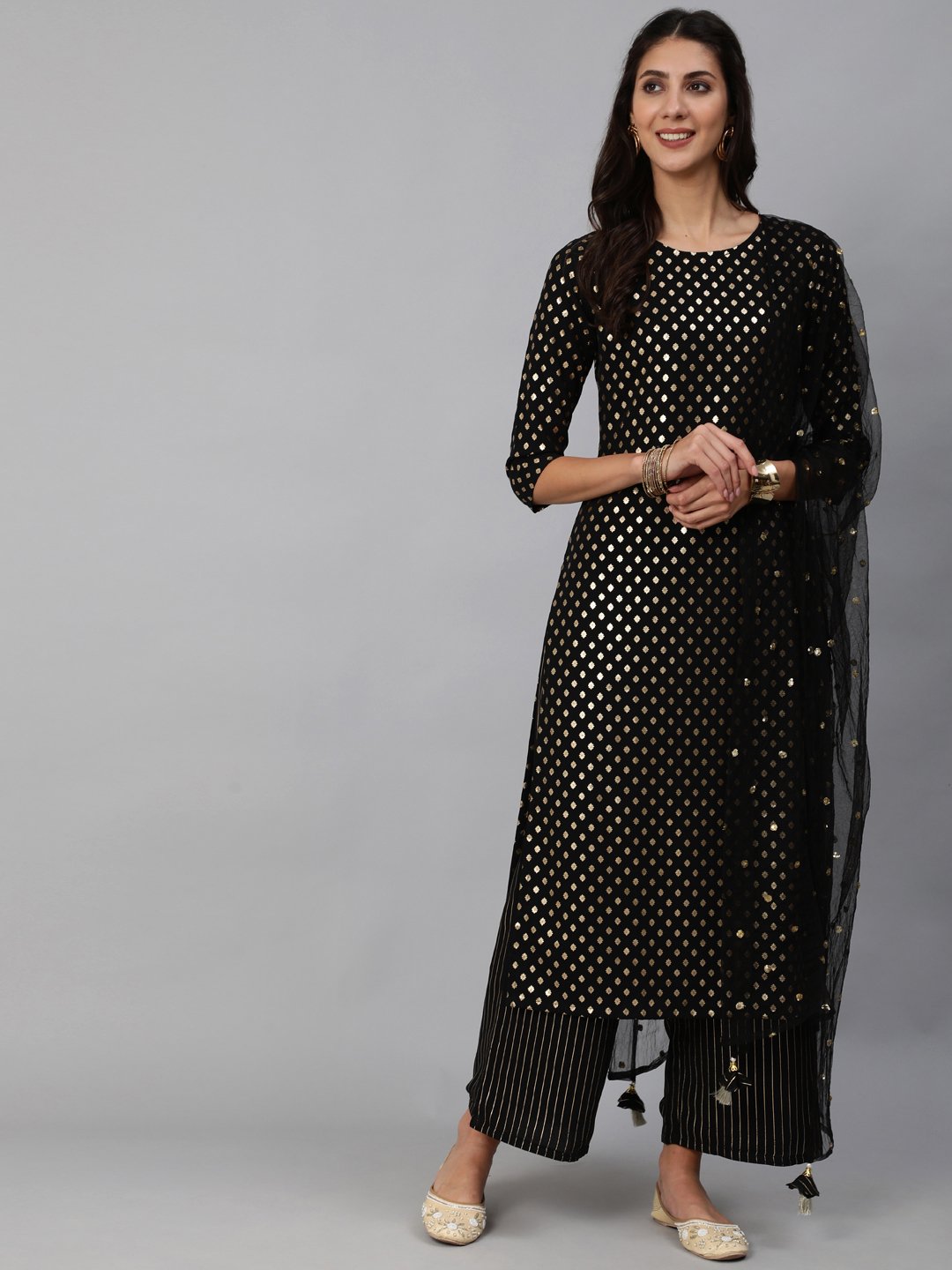 Women Black Geogrette Foil Printed Straight Kurta Set With Palazo & Sequence Dupatta | LASVINI - Redefining Indian Fashion with Elegance
