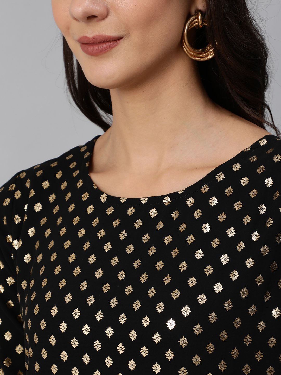 Women Black Geogrette Foil Printed Straight Kurta Set With Palazo & Sequence Dupatta | LASVINI - Redefining Indian Fashion with Elegance