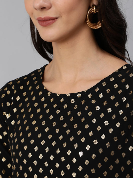 Women Black Geogrette Foil Printed Straight Kurta Set With Palazo & Sequence Dupatta | LASVINI - Redefining Indian Fashion with Elegance