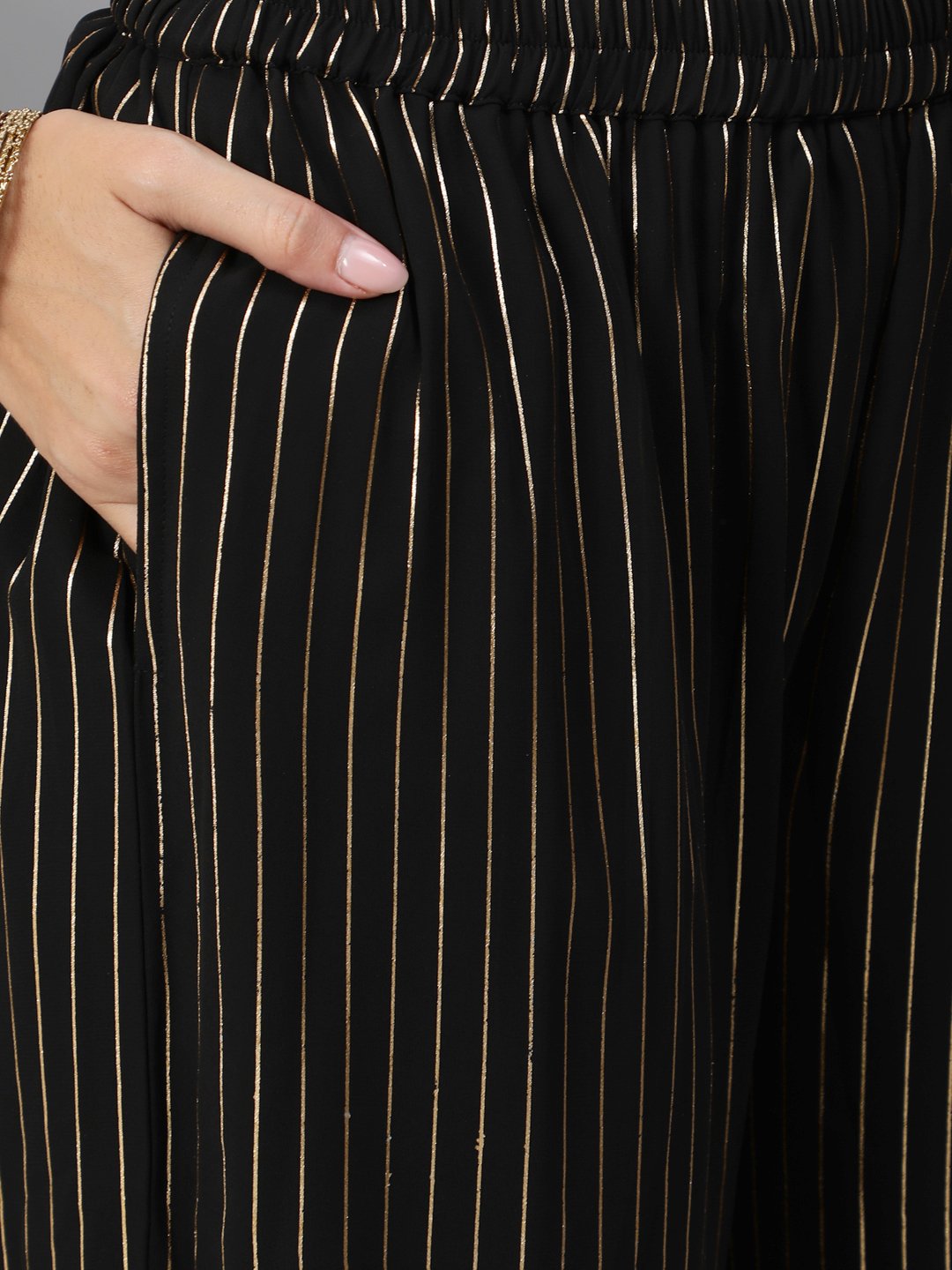 Women Black Geogrette Foil Printed Straight Kurta Set With Palazo & Sequence Dupatta | LASVINI - Redefining Indian Fashion with Elegance