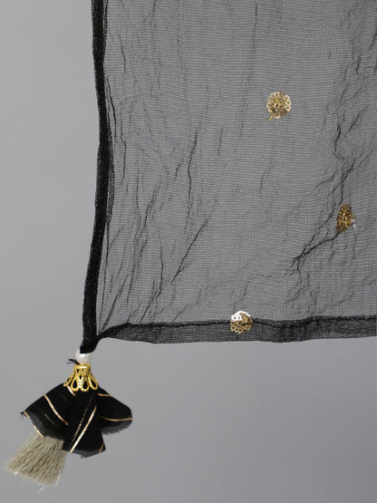 Women Black Geogrette Foil Printed Straight Kurta Set With Palazo & Sequence Dupatta | LASVINI - Redefining Indian Fashion with Elegance