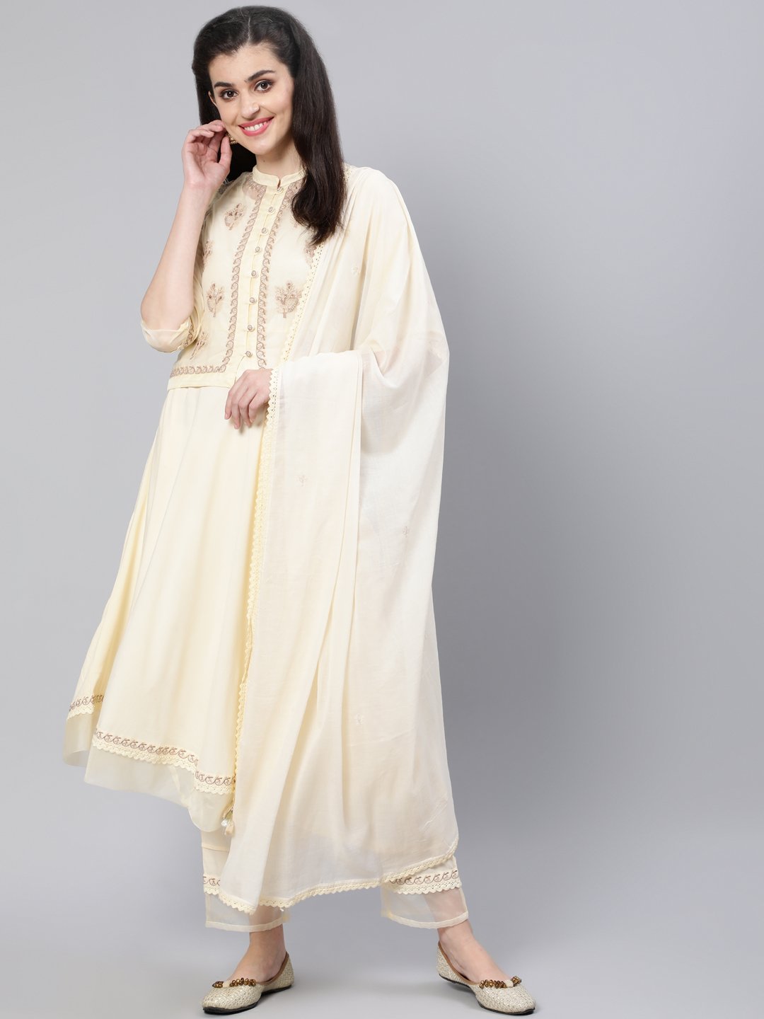Women Cream Embroidered Flared Kurta With Jacket,Plazo & Dupatta | LASVINI - Redefining Indian Fashion with Elegance