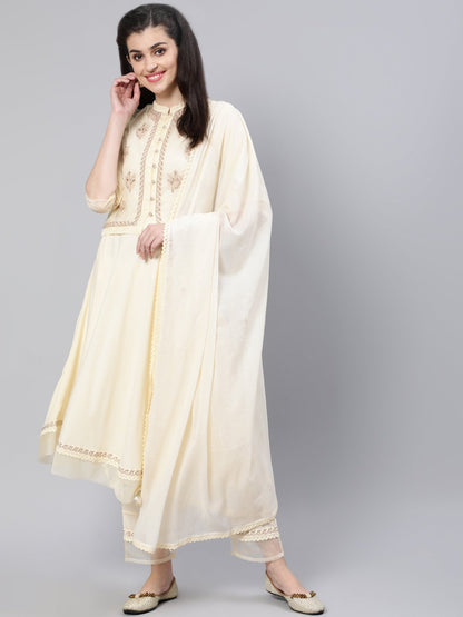 Women Cream Embroidered Flared Kurta With Jacket,Plazo & Dupatta | LASVINI - Redefining Indian Fashion with Elegance