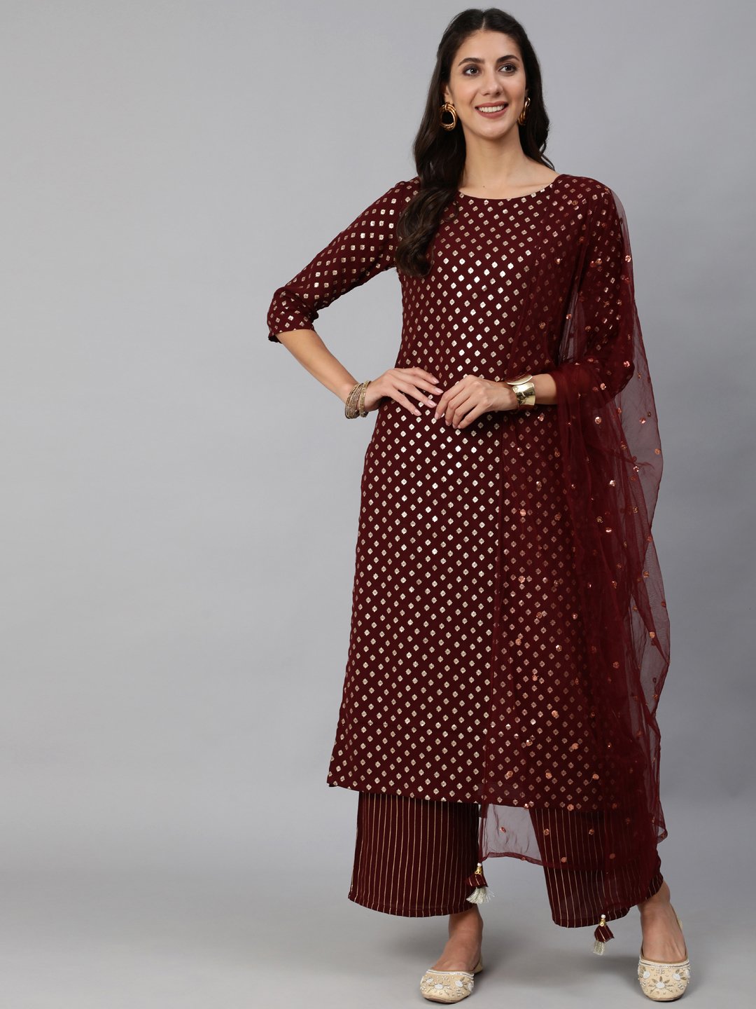 Women Maroon Geogrette Foil Printed Straight Kurta Set With Palazo & Sequence Dupatta | LASVINI - Redefining Indian Fashion with Elegance