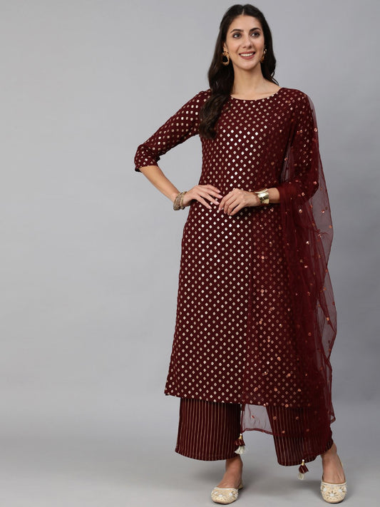 Women Maroon Geogrette Foil Printed Straight Kurta Set With Palazo & Sequence Dupatta | LASVINI - Redefining Indian Fashion with Elegance