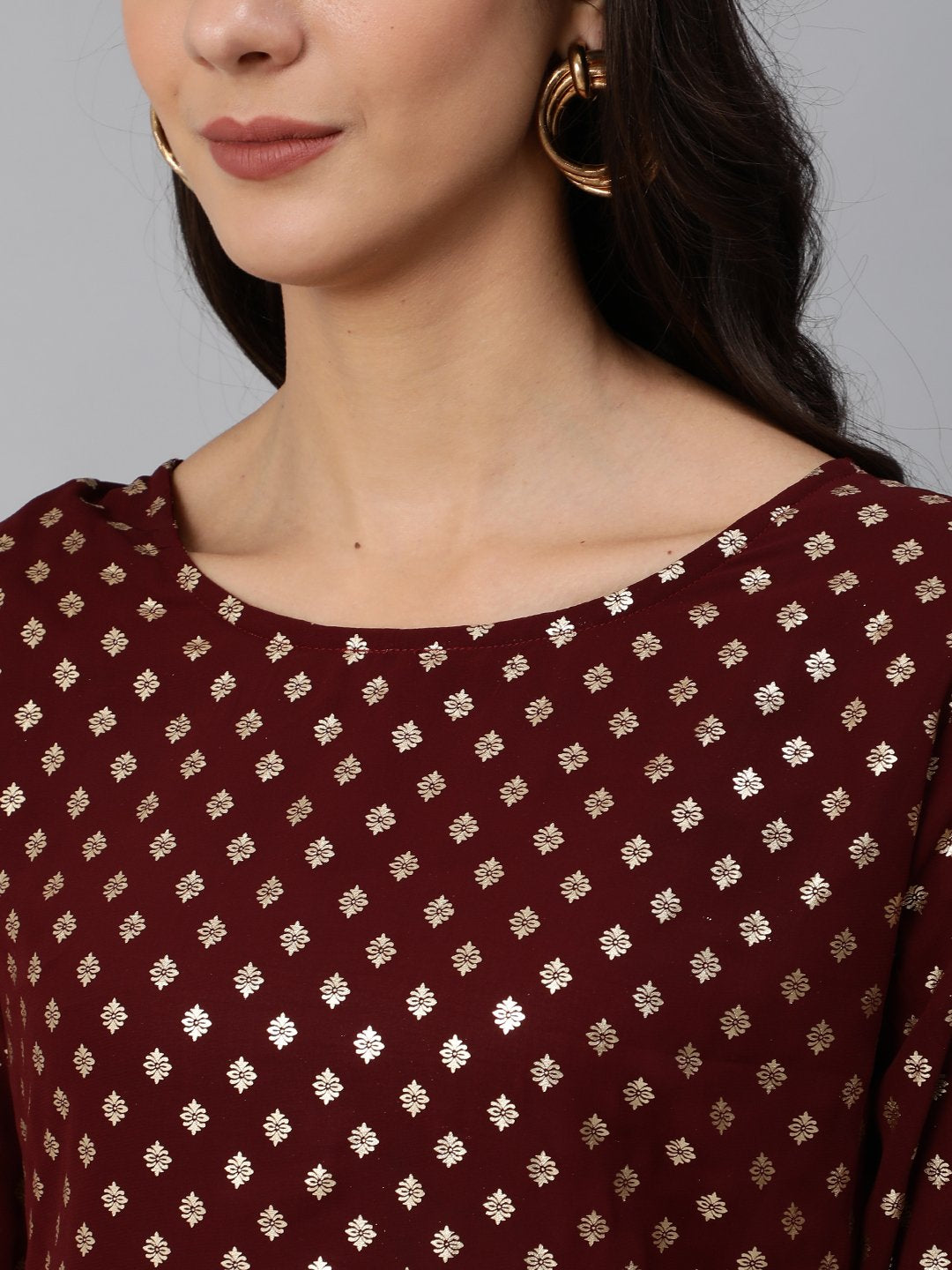 Women Maroon Geogrette Foil Printed Straight Kurta Set With Palazo & Sequence Dupatta | LASVINI - Redefining Indian Fashion with Elegance