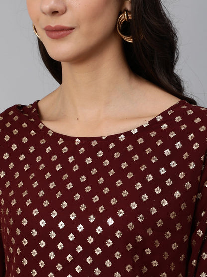 Women Maroon Geogrette Foil Printed Straight Kurta Set With Palazo & Sequence Dupatta | LASVINI - Redefining Indian Fashion with Elegance