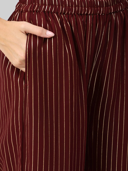 Women Maroon Geogrette Foil Printed Straight Kurta Set With Palazo & Sequence Dupatta | LASVINI - Redefining Indian Fashion with Elegance