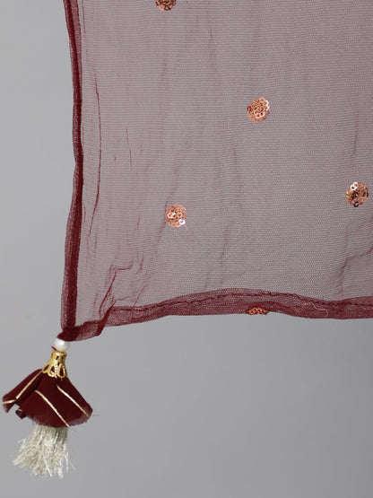 Women Maroon Geogrette Foil Printed Straight Kurta Set With Palazo & Sequence Dupatta | LASVINI - Redefining Indian Fashion with Elegance