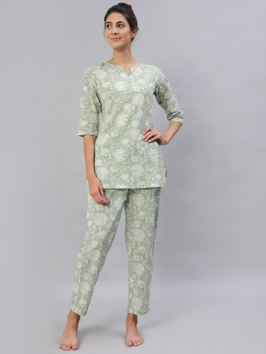 Women Green Floral Printed Night Suit Set | LASVINI - Redefining Indian Fashion with Elegance