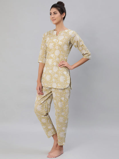 Women Olive Green Floral Printed Night Suit Set | LASVINI - Redefining Indian Fashion with Elegance