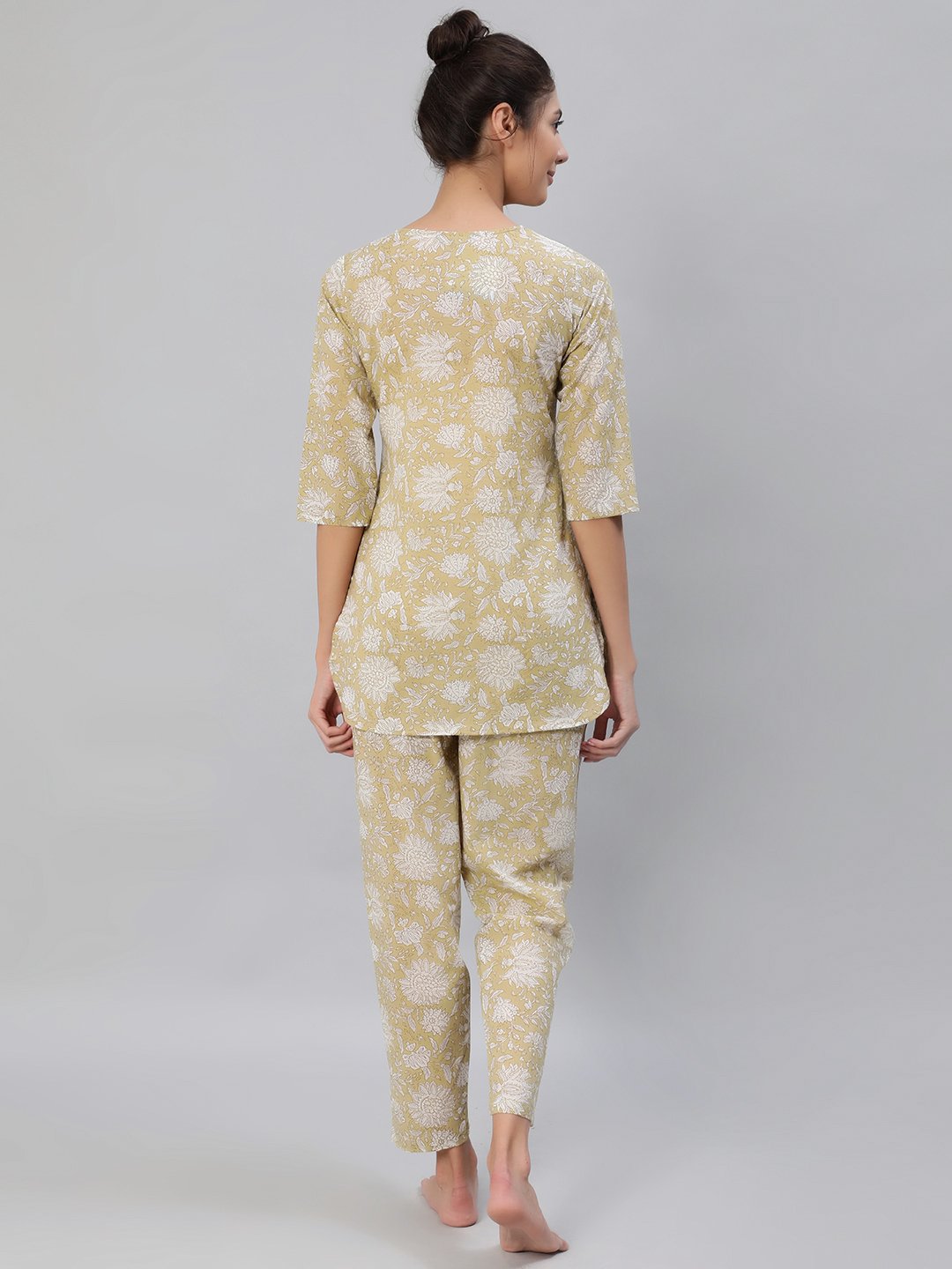 Women Olive Green Floral Printed Night Suit Set | LASVINI - Redefining Indian Fashion with Elegance