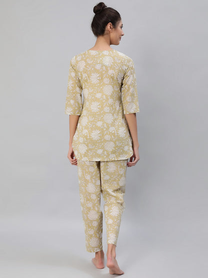Women Olive Green Floral Printed Night Suit Set | LASVINI - Redefining Indian Fashion with Elegance