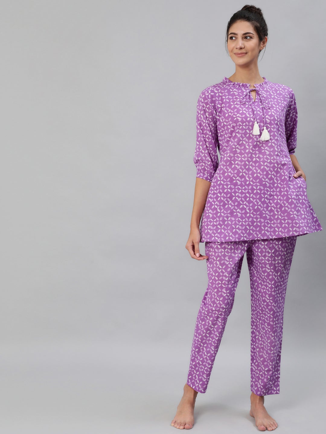 Women Purple & White Printed Pure Cotton Night Suit | LASVINI - Redefining Indian Fashion with Elegance