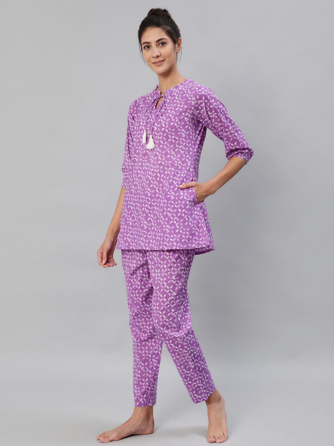 Women Purple & White Printed Pure Cotton Night Suit | LASVINI - Redefining Indian Fashion with Elegance