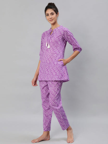 Women Purple & White Printed Pure Cotton Night Suit | LASVINI - Redefining Indian Fashion with Elegance
