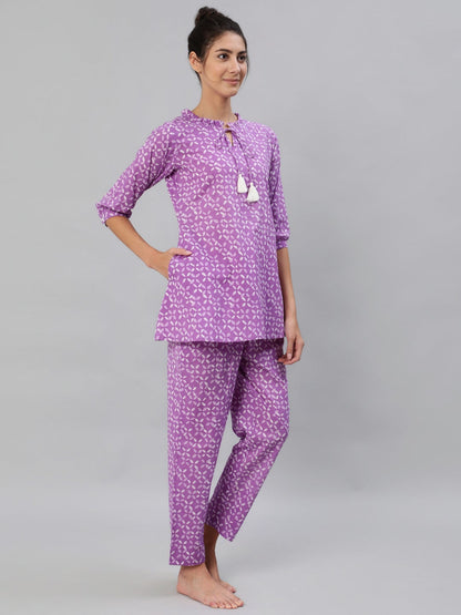 Women Purple & White Printed Pure Cotton Night Suit | LASVINI - Redefining Indian Fashion with Elegance