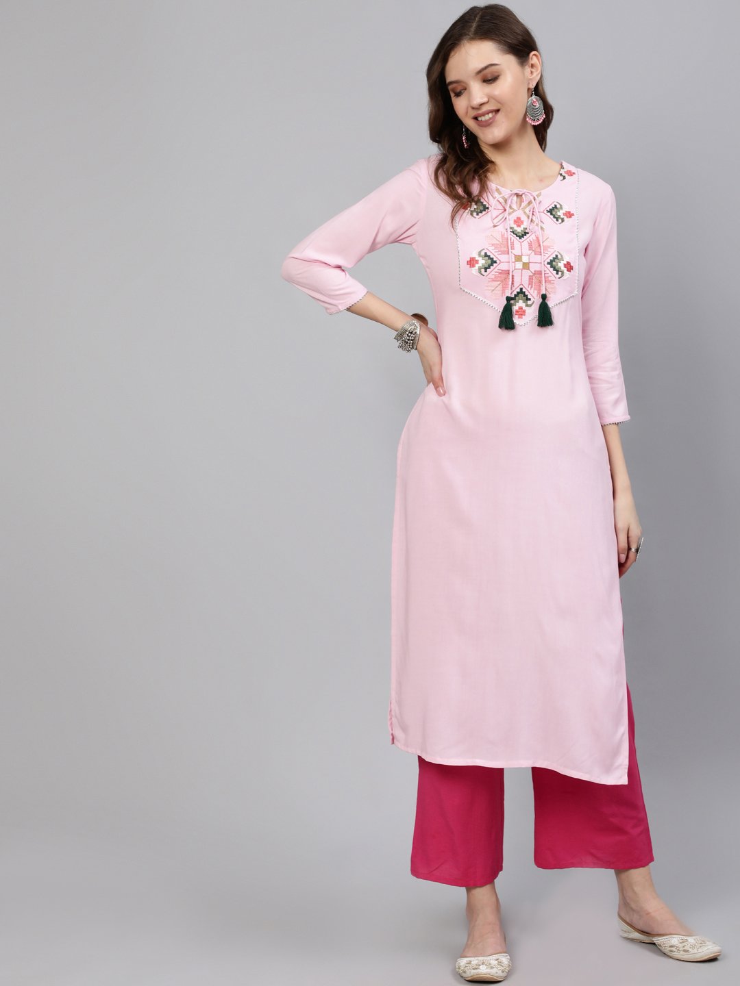 Women Pink Embroidered Straight Kurta With Three Quarter Sleeves | LASVINI - Redefining Indian Fashion with Elegance