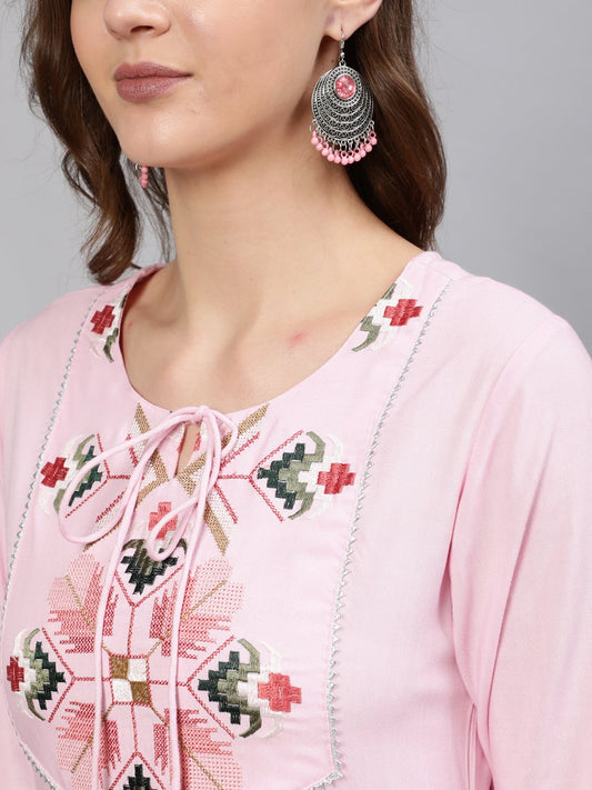 Women Pink Embroidered Straight Kurta With Three Quarter Sleeves | LASVINI - Redefining Indian Fashion with Elegance