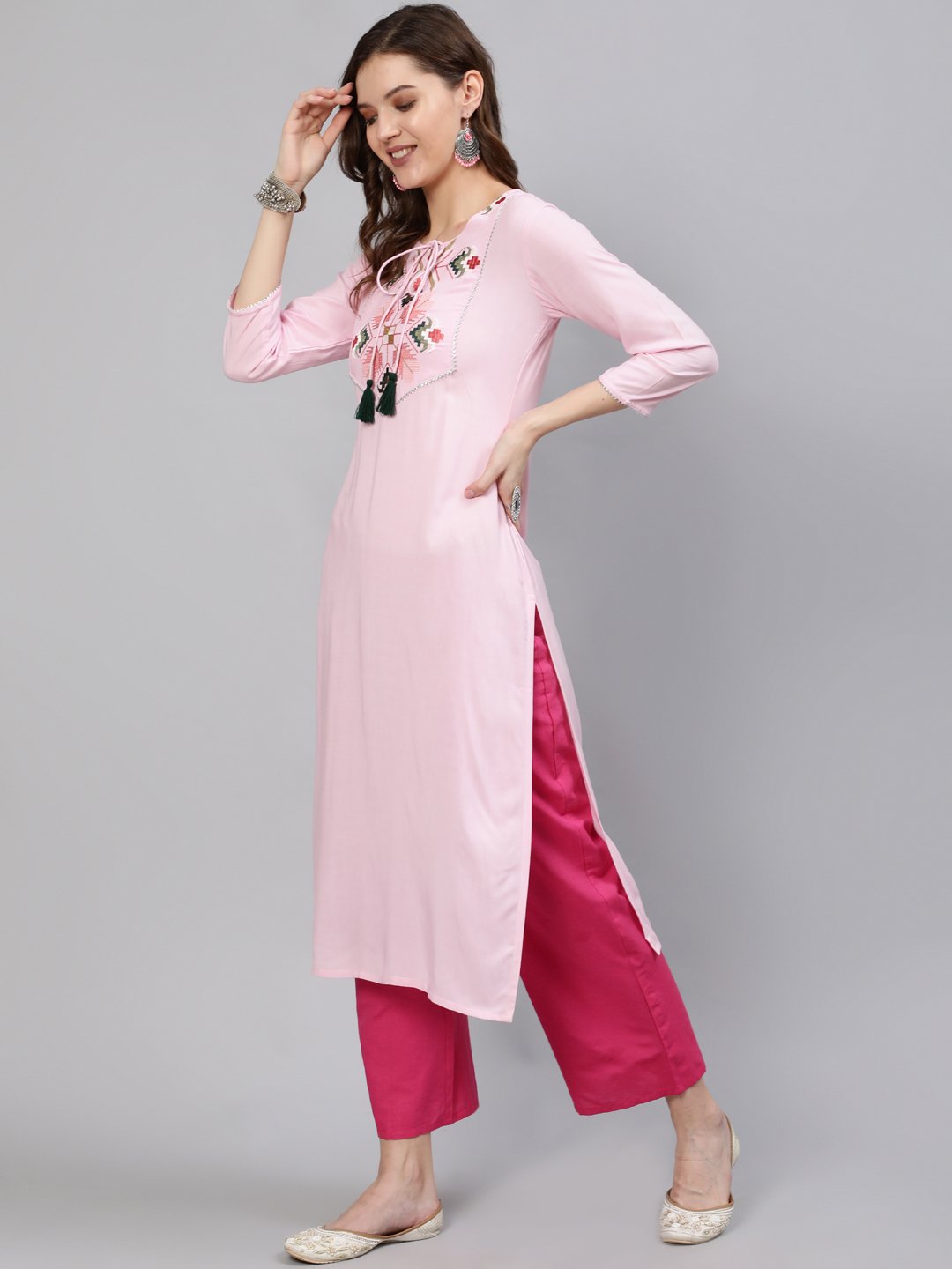 Women Pink Embroidered Straight Kurta With Three Quarter Sleeves | LASVINI - Redefining Indian Fashion with Elegance