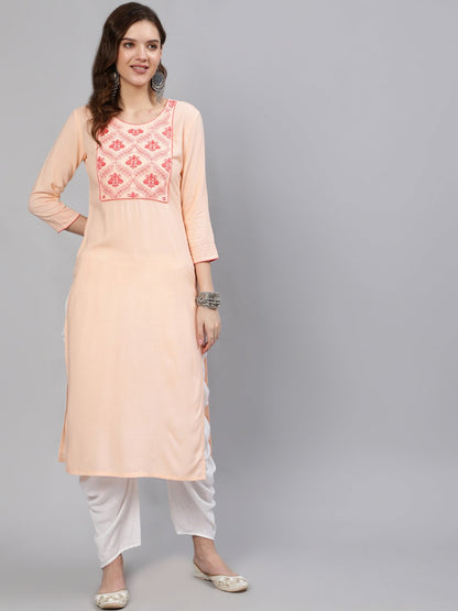Women Peach Embroidered Straight Kurta With Three Quarter Sleeves | LASVINI - Redefining Indian Fashion with Elegance