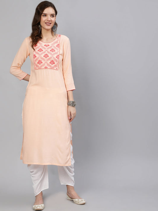 Women Peach Embroidered Straight Kurta With Three Quarter Sleeves | LASVINI - Redefining Indian Fashion with Elegance