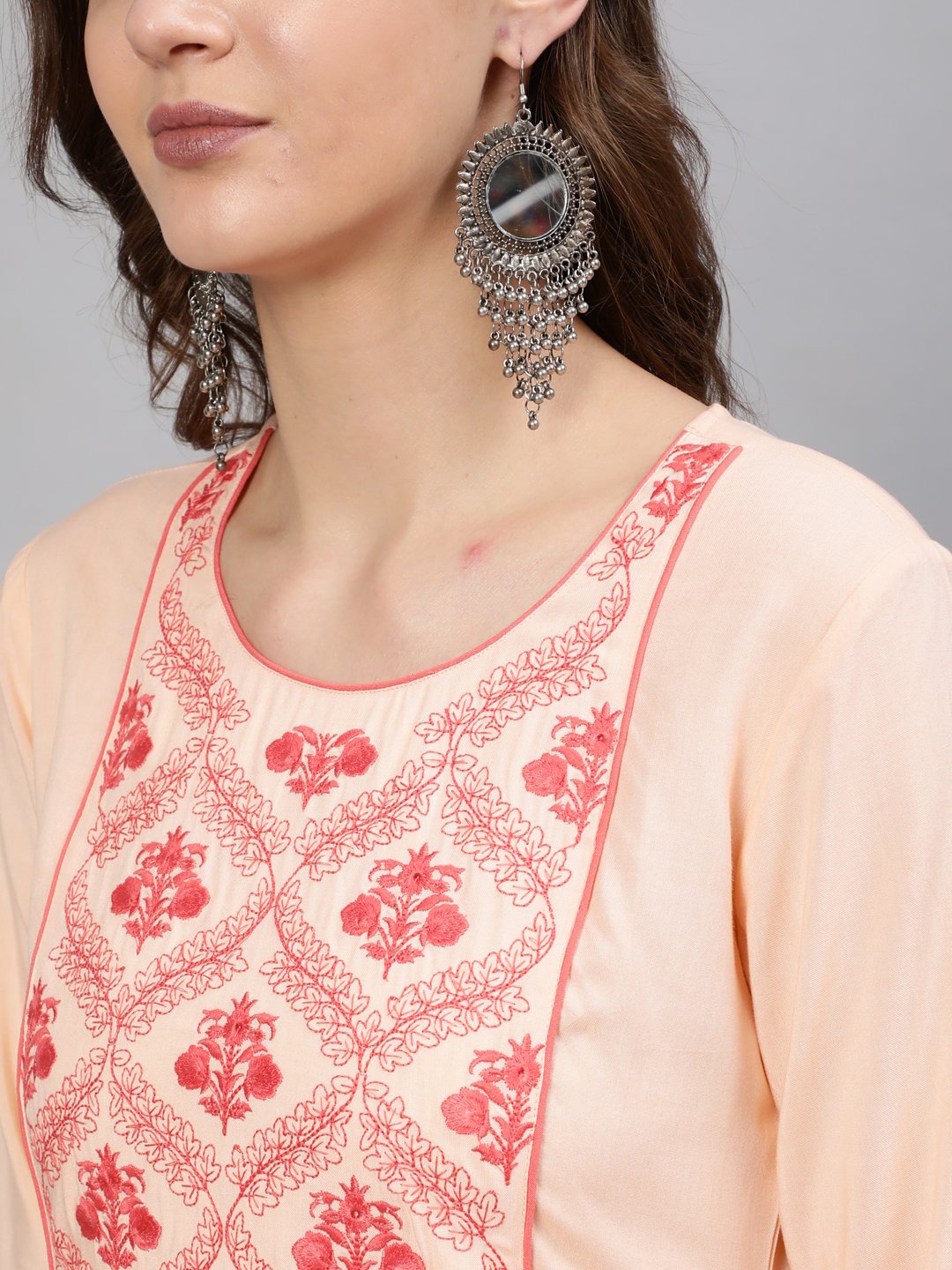 Women Peach Embroidered Straight Kurta With Three Quarter Sleeves | LASVINI - Redefining Indian Fashion with Elegance