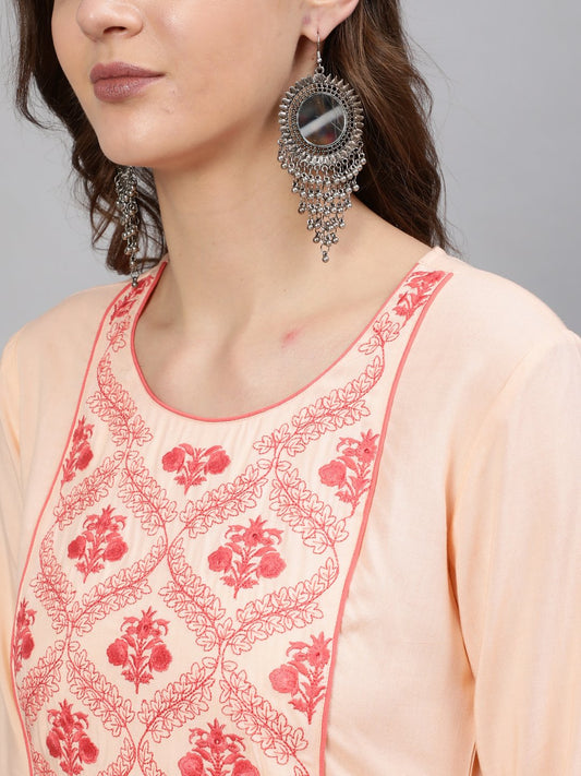 Women Peach Embroidered Straight Kurta With Three Quarter Sleeves | LASVINI - Redefining Indian Fashion with Elegance