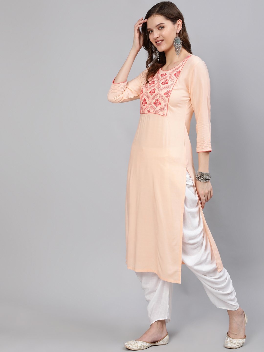 Women Peach Embroidered Straight Kurta With Three Quarter Sleeves | LASVINI - Redefining Indian Fashion with Elegance