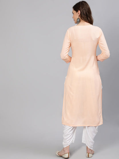 Women Peach Embroidered Straight Kurta With Three Quarter Sleeves | LASVINI - Redefining Indian Fashion with Elegance