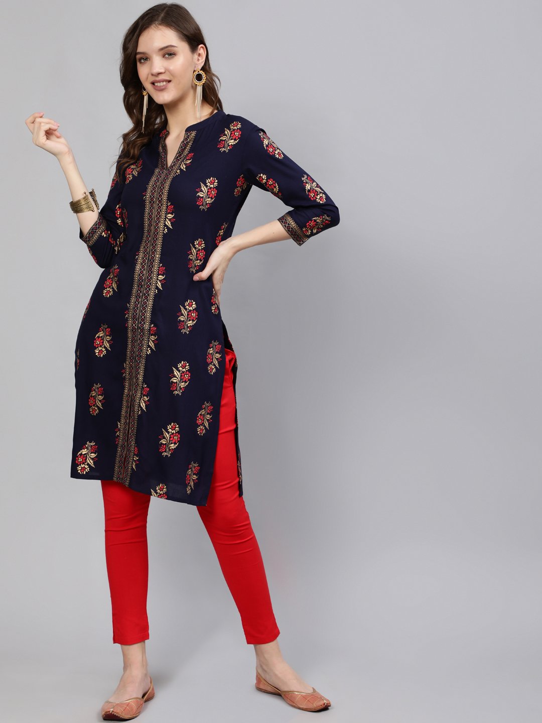 Women Navy Blue Straight Kurta With Three Quarter Sleeves | LASVINI - Redefining Indian Fashion with Elegance