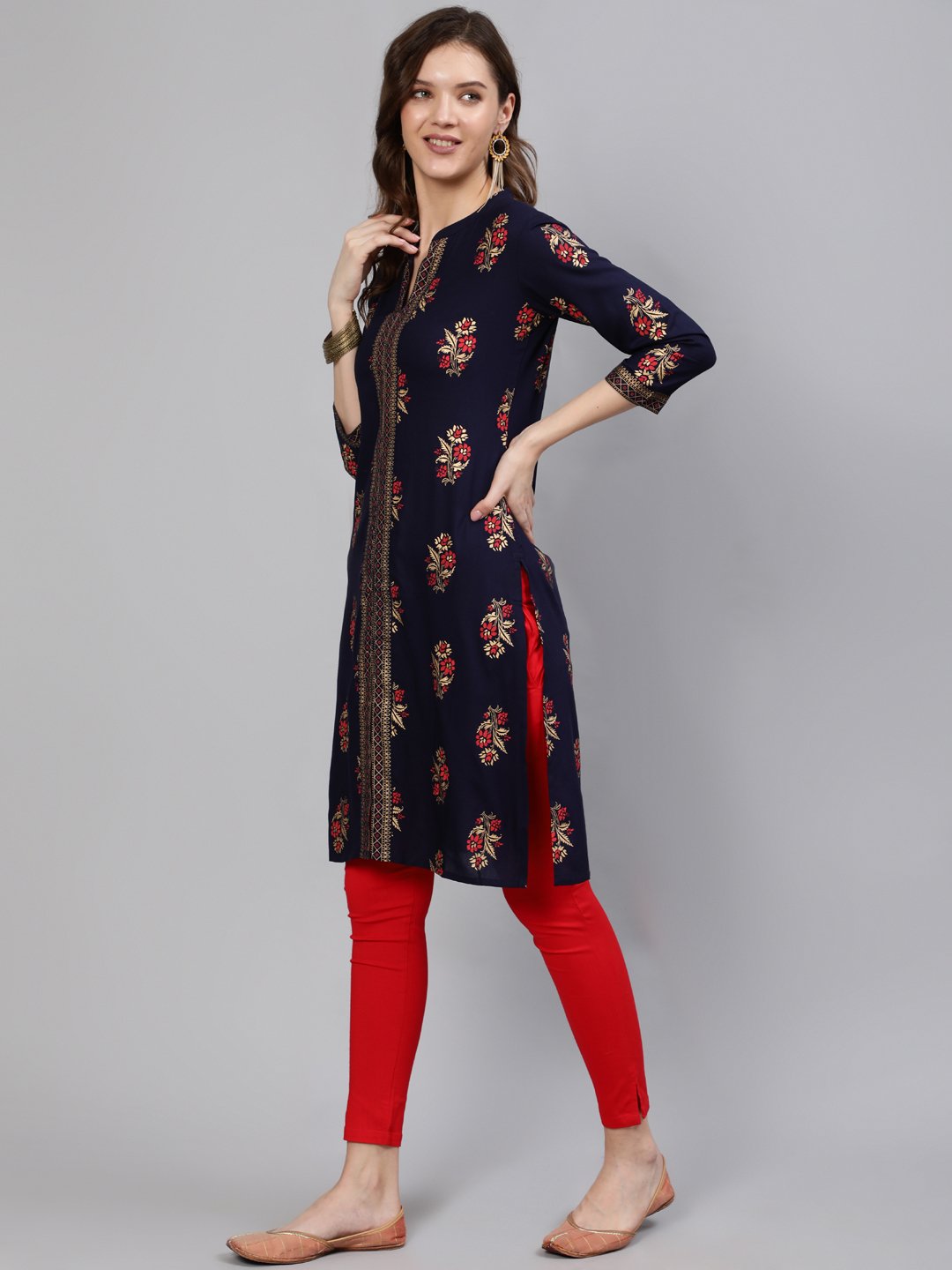 Women Navy Blue Straight Kurta With Three Quarter Sleeves | LASVINI - Redefining Indian Fashion with Elegance
