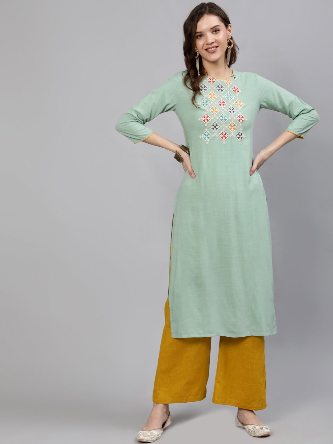 Women Green Embroidered Straight Kurta With Three Quarter Sleeves | LASVINI - Redefining Indian Fashion with Elegance