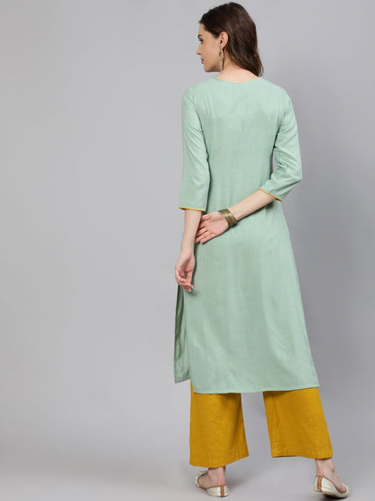 Women Green Embroidered Straight Kurta With Three Quarter Sleeves | LASVINI - Redefining Indian Fashion with Elegance