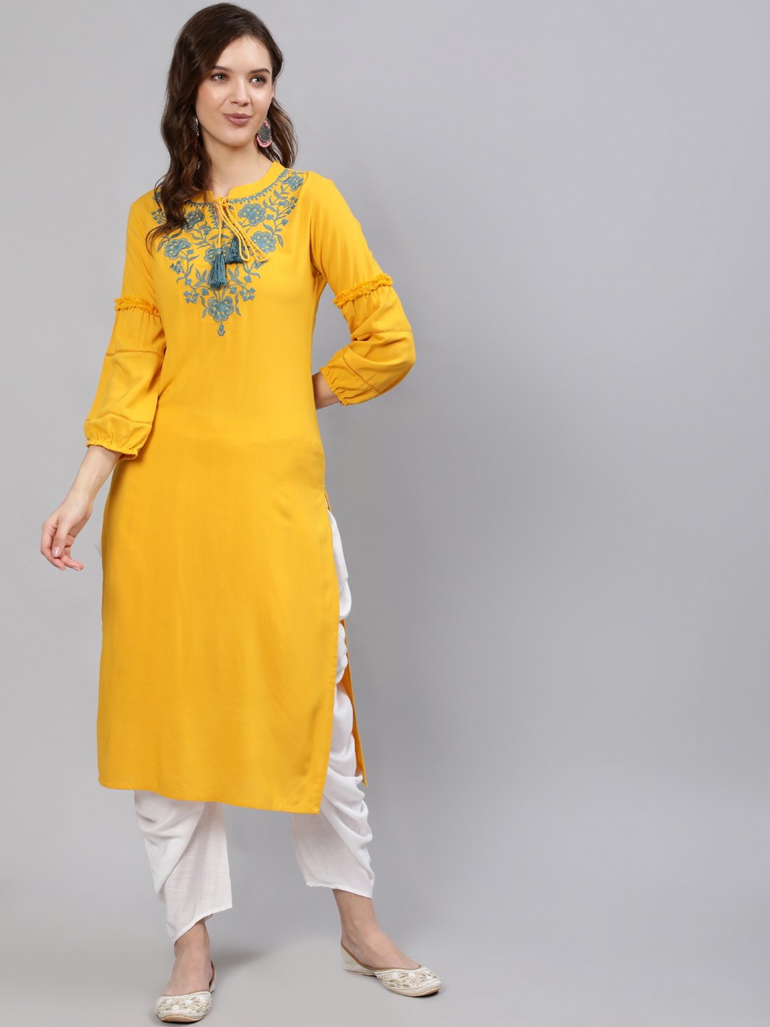 Women  Mustard Embroidered Straight Kurta With Three Quarter Sleeves | LASVINI - Redefining Indian Fashion with Elegance