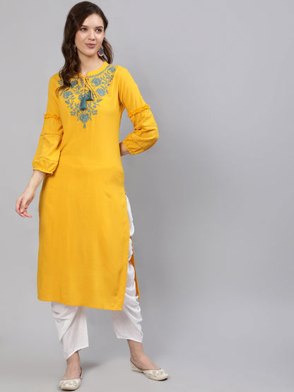 Women  Mustard Embroidered Straight Kurta With Three Quarter Sleeves | LASVINI - Redefining Indian Fashion with Elegance