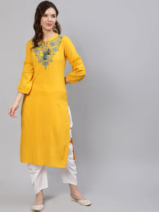 Women  Mustard Embroidered Straight Kurta With Three Quarter Sleeves | LASVINI - Redefining Indian Fashion with Elegance