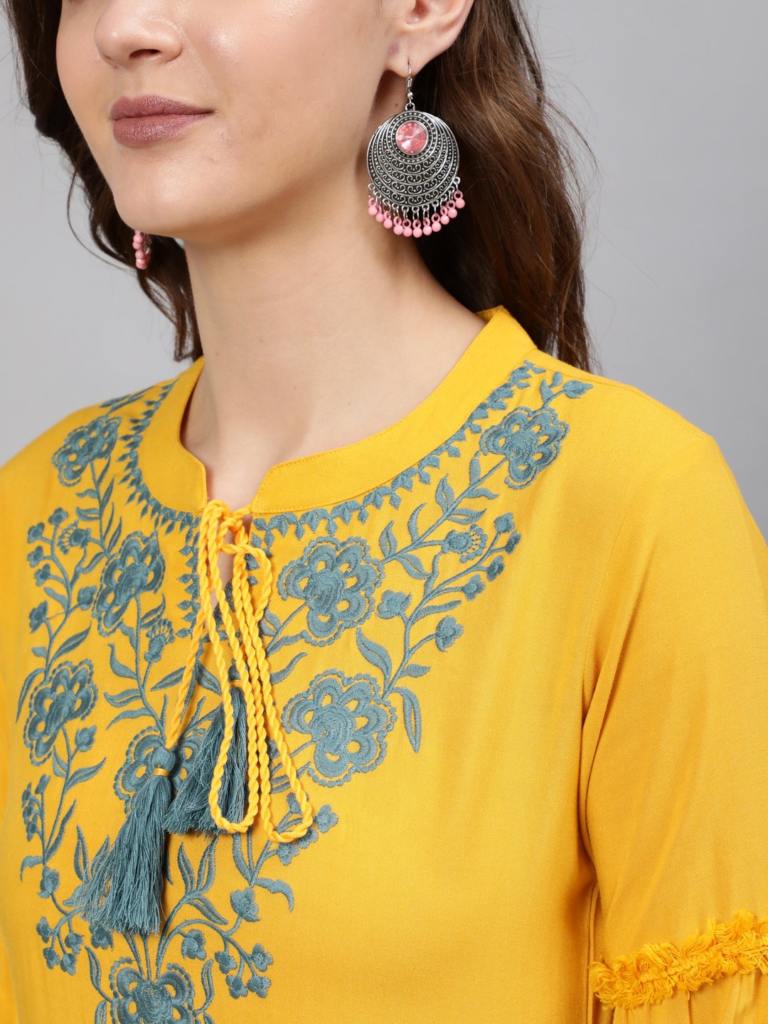 Women  Mustard Embroidered Straight Kurta With Three Quarter Sleeves | LASVINI - Redefining Indian Fashion with Elegance